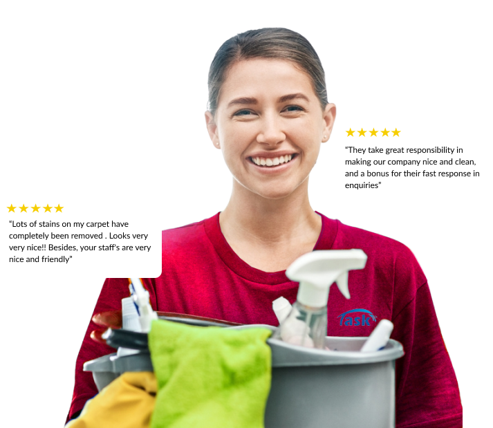 woman holds a bucket of cleaning supplies